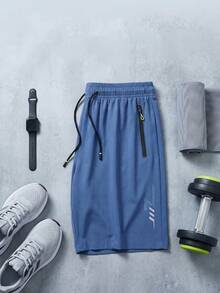 Summer New Men's Thin 5-Inch Loose Sports Shorts, With Zipper Pockets, Reflective Print Running Fitness Beach Sports Shorts - Dusty Blue - View 8