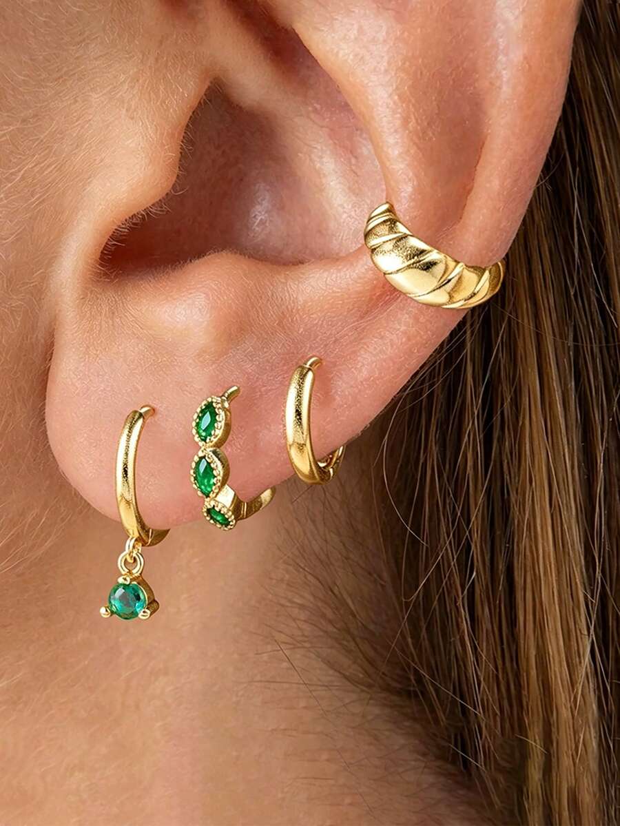 4PCS Green Cubic Zirconia Drop Earrings Set For Women 18K Gold Plated Texture Smooth Clip Hoop Earrings Jewelry Gift - Gold 3-4pcs - View 1