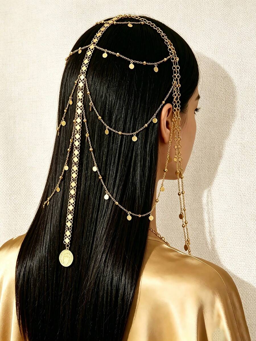 1Pc Retro Multi-Layer Disc Tassel Women Head Chain, Wide Belt Spliced With Dense Small Discs, Hair Jewelry For Arab Brides Wedding Festival - Gold - View 1