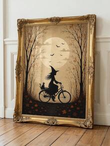 1pc Framed Canvas Wall Art Decor, Vintage Dark Academia Style Witch Riding Bicycle With Black Cat In Basket, Full Moon Autumn Silhouette Canvas Painting, Autumn Maple Tree Bat Dark Mood Halloween Oil Painting Print Poster, Quirky Pastoral Farmhouse Dark Aesthetic Decorative Wall Art, Suitable For Modern Home Decor, Room Decor, Halloween Decor, Halloween Poster, Witch Art, Gothic Poster, Halloween Home Decor, Halloween Gift - Witch - View 10