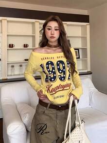 Women's American Star Print Yellow Long Sleeve Asymmetrical Neck T-Shirt, Slimming Design Base Layer Top For Autumn - Yellow - View 7