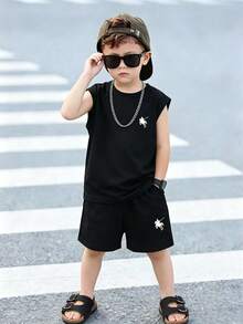 Tween Boy Knight Print Round Neck Tank Top And Shorts Casual Set - Black - View 1