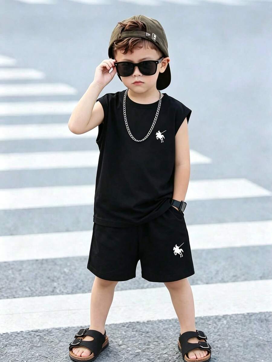 Tween Boy Knight Print Round Neck Tank Top And Shorts Casual Set - Black - View 1