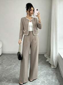 Round Neck Contrast Trim Short Blazer & Wide Leg Pants 2 Pieces Set, Khaki Textured High Waist Drape Trousers, Women's Business Casual Commute Luxury Suit - Apricot - View 3
