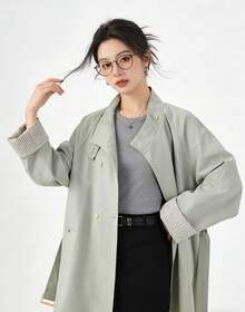 韓式立領極簡優雅風衣外套，鈕扣式大衣，適合大學、辦公室、日常穿著，春秋款 - 淺藍色 - 查看 2