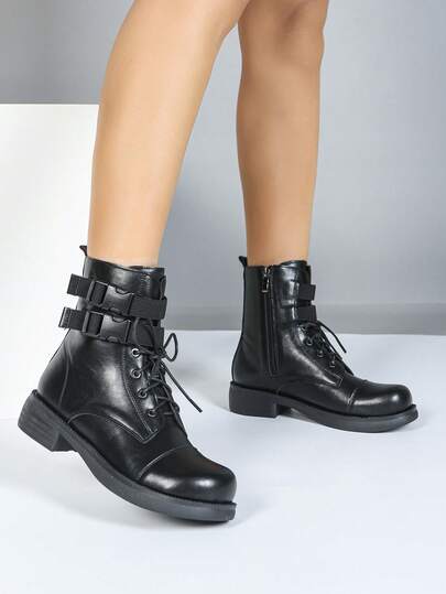 Women's Fashion New Versatile Retro Black Backpack Strap Buckle Lace-Up Lightweight Thick Sole Ankle Boots And Mid-Calf Boots