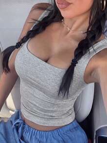 Women Square Neck Wide Strap Stretchy Slim Fit Crop Tank Top Basic Casual Camisole For Vacation Beach Street Daily Outdoor Wear - 淺灰色 - 查看 4