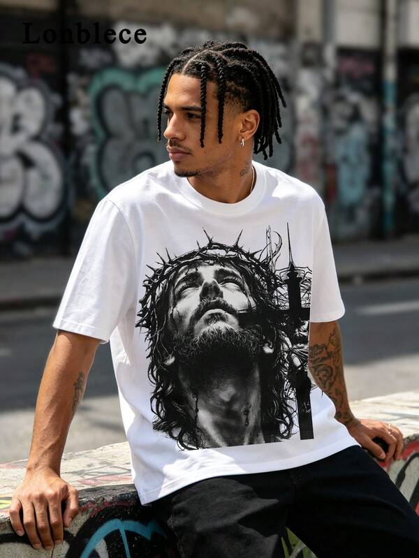 Lonblece Solid White Short Sleeve T-Shirt, Dark Sketch Thorn & Jesus Combination Print Design, Loose Fit, Casual Commuter Top