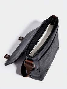 Men's Vintage Business Crossbody Bag, Flap Messenger Bag, Multi-Compartment Large Capacity, Shoulder Bag, PU Leather, Textured, Colorblock Satchel - Black - View 7