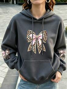 Women's Hoodie, Leopard Bow Front & Sleeve Graphic Pullover, Coquette Casual Hooded Tops - Dark Grey - View 4