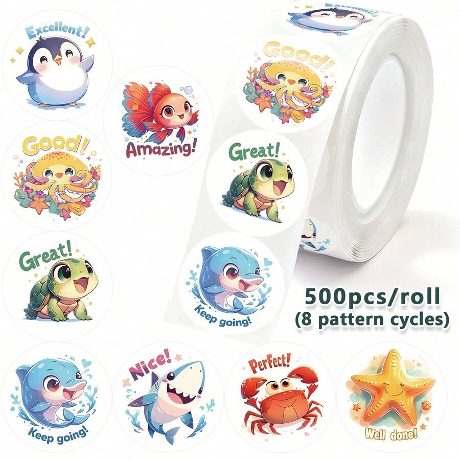 500pcs/Roll Animal Good Job Stickers 2.5cm Cute Ocean Animal Stickers, Self-Adhesive Koi Fish Stickers Labels, Suitable For Teachers, Parents, School, Learning, Training, Turtle, Octopus, Dolphin, Shark Stickers, Handmade Self-Adhesive Labels, Motivational Stickers, Gift Decoration Stationery, Crab, Starfish Stickers, Back To School Gift - Cartoon - View 1