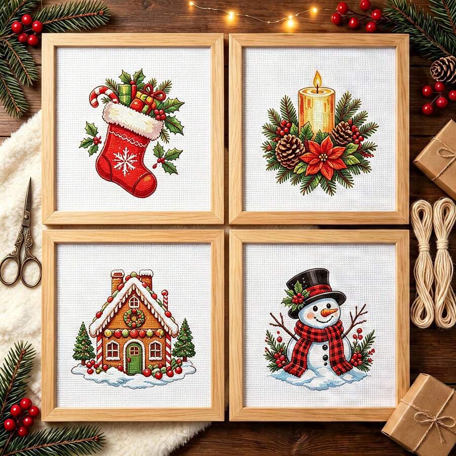 4 Styles Christmas Theme 11CT Cross Stitch Material Kit Christmas Stocking/Candle/Gingerbread House/Snowman Beginner Friendly Zero-Based Handmade DIY Embroidery Kit Home Decor Holiday Gift