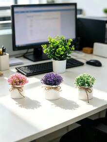小型人造盆栽植物/仿真苔蘚石 (可選 1、2 或 3 件套) - 綠色植物配黑色花盆；適用於家居裝飾、辦公室、餐桌、農舍風格空間、陽台和浴室 - 彩色 - 查看 5