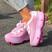 Teenager Twist-Lock Retractable Roller Skates & Walking Shoes, Dual-Use Casual Skating Shoes - Pink - View 5