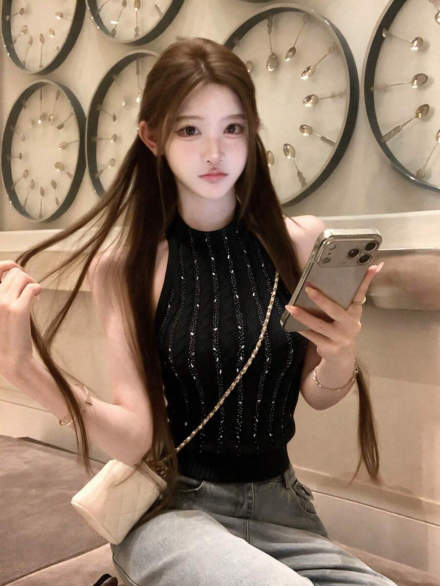 性感重裝飾水鑽立領無袖針織背心女款 夏季設計修身顯身材短版上衣 黑色 - 黑色 - 查看 1