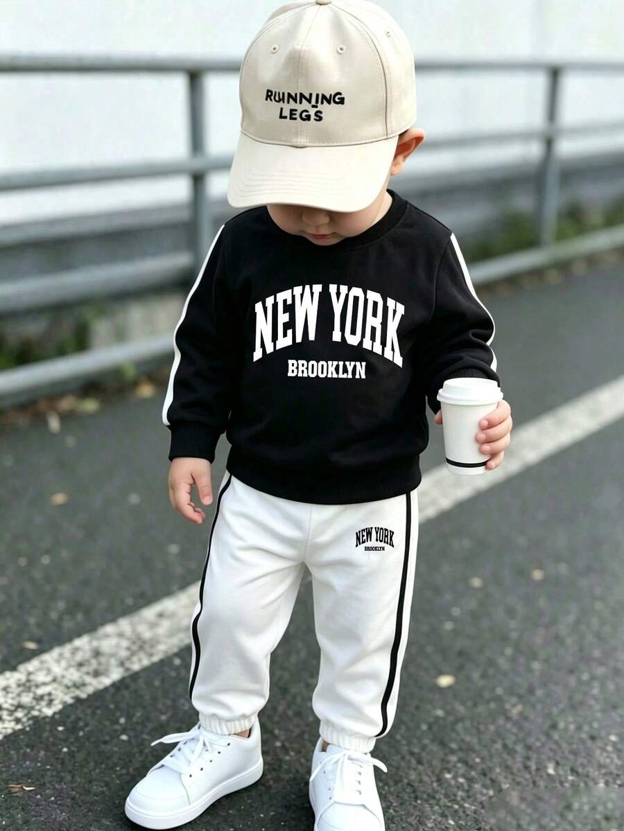 Young Boy Letter Print Crew Neck Long Sleeve Top And Pants - Black - View 1