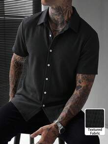 Men's Waffle Textured Single-Breasted Short Sleeve Solid Color Shirt, Spring/Summer - Black - View 2