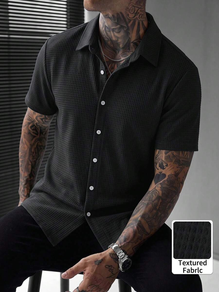 Men's Waffle Textured Single-Breasted Short Sleeve Solid Color Shirt, Spring/Summer
