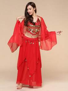 Women Halter Gold Coin Fringe Crop Top & Chiffon Long Skirt, Oriental Belly Dance Carnival Rave Performance Outfit, Multiple Colors Available - Multicolor - View 14