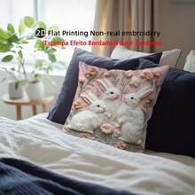 1pc Rabbit & Floral Print Pillow Cover, Non-Embroidered 2D Printed Plush-Like Single-Sided Cushion Cover With Zipper Closure, No Pillow Insert, Machine Washable, Cute Style For Easter Home Decor, Suitable For Sofa, Bed, Living Room - Pink - View 5