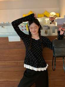 Kaos Lengan Panjang Motif Polkadot Hitam dengan Hiasan Pita, Atasan yang Melangsingkan - Hitam - View 2
