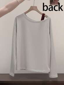 Women's Asymmetrical Shoulder Long Sleeve Top, Contrast Color 2 In 1 Design, Slim Fit Light Gray Base Layer Casual - Light Grey - View 2