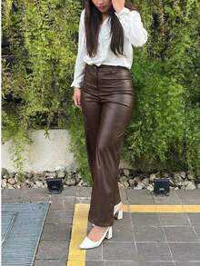 Women's Faux Leather Wide Leg Palazzo Pants With Pockets, Button And Zipper, Synthetic PU - 鏽棕色 - 查看 9