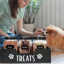 Wooden Pet Treat Storage Box With Personalized Labels, Dog Food And Cat Food Storage Container, Farmhouse Style Pet Food Storage For Cats And Dogs, Battery Not Included - 1L - View 2