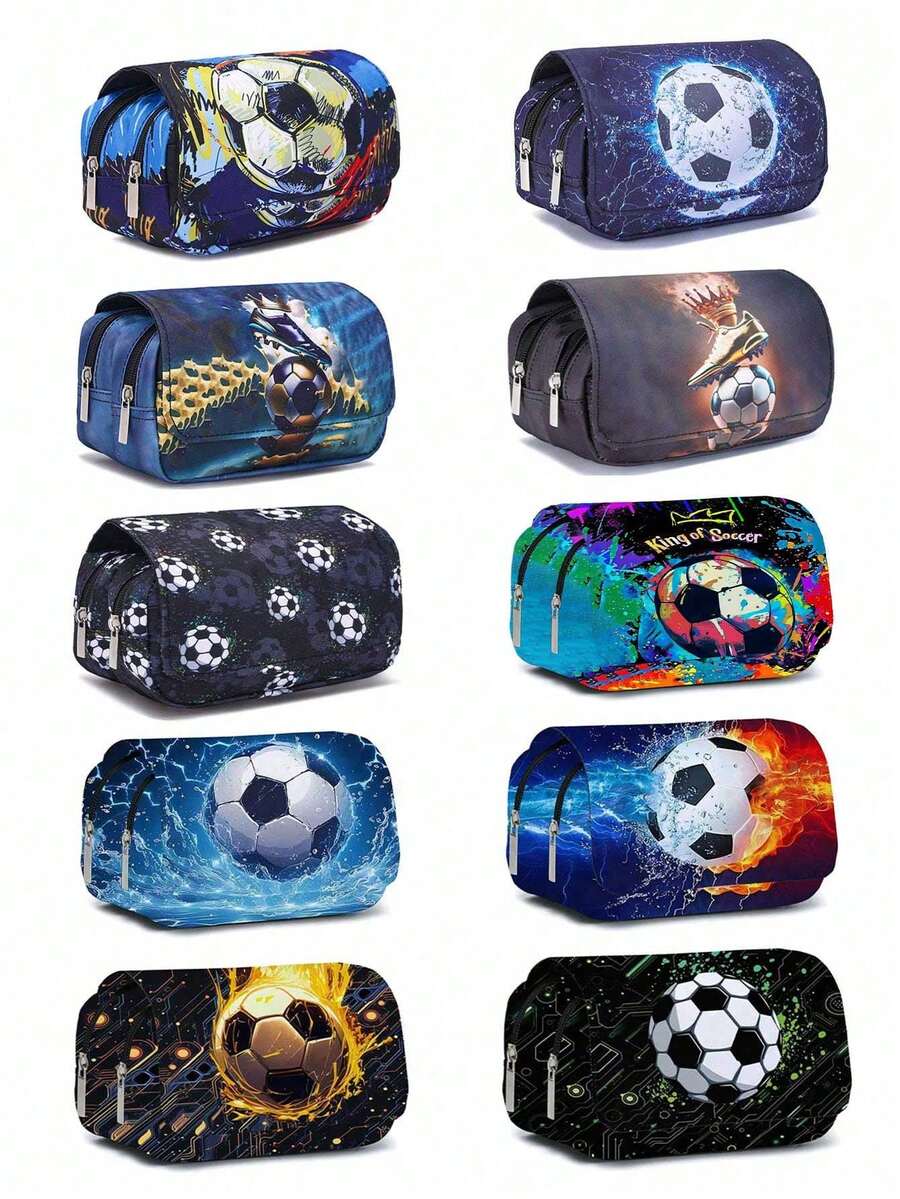 Multi-Style Football Printed Pencil Case, Unisex, Double-Layer Flip-Top Stationery Box, Can Hold Pencils, Keys, Phones, Coins, Ba, First Day Of School - Multicolor - View 1