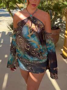 Stylish Women's Knitted Halter Neck Bodycon Short Dress, Long Sleeve Backless Design Perfect For Summer - Blue - View 3