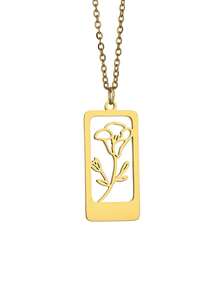 suteyi Exquisite Customized Name & Birth Flower Necklace, Personalized Engraved Hollow Floral Rectangular Pendant (18K Gold Plated), Suitable For Birthday, Valentine's Day Or Christmas Customized Commemorative Jewelry Gift - Gold - View 11