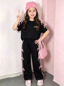 少女卡通印花圆领短袖上衣和裤子套装 - 黑色 - 查看 1