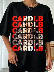 Cardis B Repeat Block Letter Collage Diamond Rhinestone Portrait Y2K Hip Hop Graphic Casual Tee - 黑色 - 查看 1
