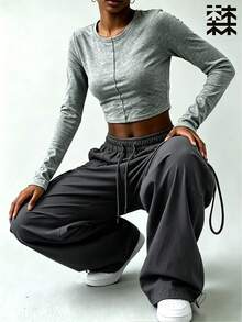 mulinsen Women's Drawstring Waist Cargo Pants, Casual Wide Leg Multi-Pocket Parachute Pants, Loose Street Style Tapered Leg Long Pants - Dark Grey - View 3