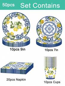 Set Perlengkapan Pesta Tema Lemon 10/50pcs - Dekorasi Pesta Tema Lemon, Termasuk Piring Bermotif Lemon Kuning, Piring Kertas 7 Inch/9 Inch, Serbet, Gelas Kertas 9oz, Peralatan Makan Pesta Sekali Pakai Dekorasi Buah Lemon Musim Panas (10 Porsi) - MultiWarna - View 13