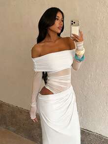 Women's Summer White Valentine Dress, Off-Shoulder Mesh Sheer Ruched Maxi Dress, Elegant For Formal Parties, Dates & Beach Wedding Party Fall - White - View 4