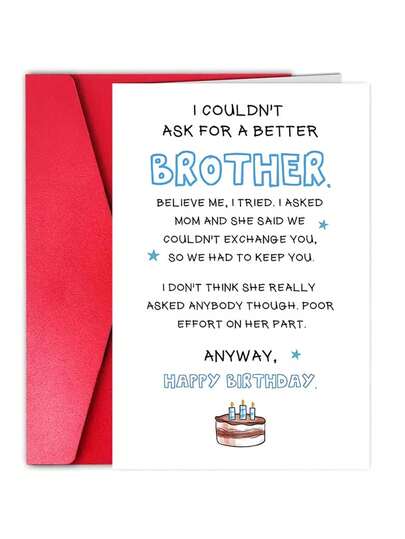 1Pc Funny Brother's Birthday Card With Red Envelopes - Funny Brother's And Sisters's Birthday Greetings, Birthday Gifts For Brother And Brother, Birthday Gifts From Sister Or Parents, Including Envelopes, Funny Design, Family Gifts