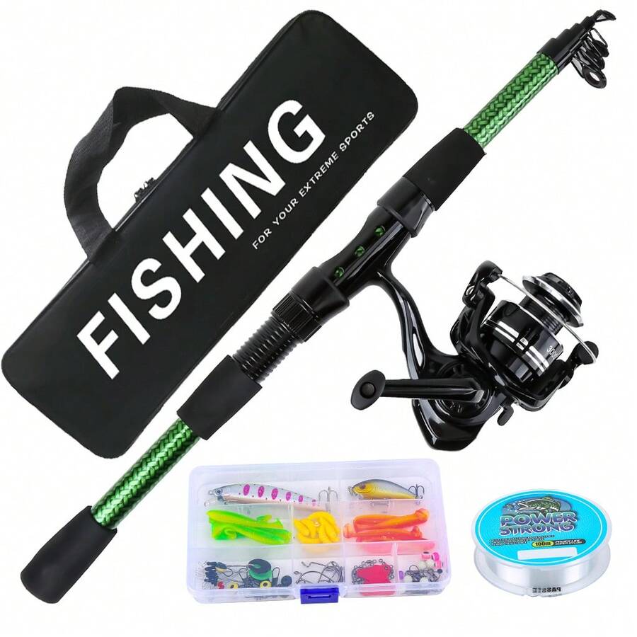 Telescopic Spinning Fishing Rod And Reel Combo Set, Includes Tackle Box, Hard Baits, Soft Baits, Fishing Line, Suitable For Beginner Freshwater River Fishing, With Storage Carrying Bag