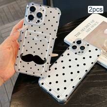 2件裝波點印花卡夾手機殼 TPU 防震全包覆精準保護套，適用於 Apple 11/12/13/14/15/16/17 Pro Max - 無色 - 查看 1