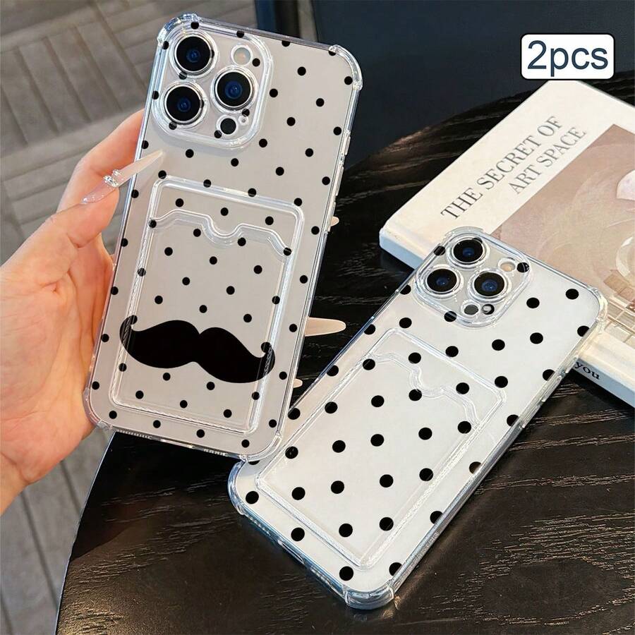 2件裝波點印花卡夾手機殼 TPU 防震全包覆精準保護套,適用於 Apple 11/12/13/14/15/16/17 Pro Max - 無色 - 查看 1