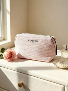 Lancôme LANCOME-GIFT-13 Bolsa de maquillaje con estampado de logotipo en tela de punto gofrado rosa pálido, bolsa de almacenamiento de cosméticos con cremallera completa en forma de almohada de gran capacidad, regalo de belleza de lujo para viajes para mujeres - Blanco - Ver 1