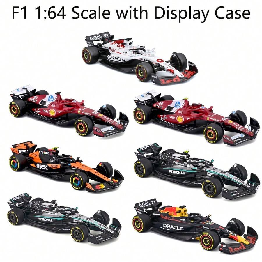 Burago – 1:64 比例合金 F1 賽車模型；精細還原的 F1 單座賽車複製品，附展示盒；建議 14 歲以上使用