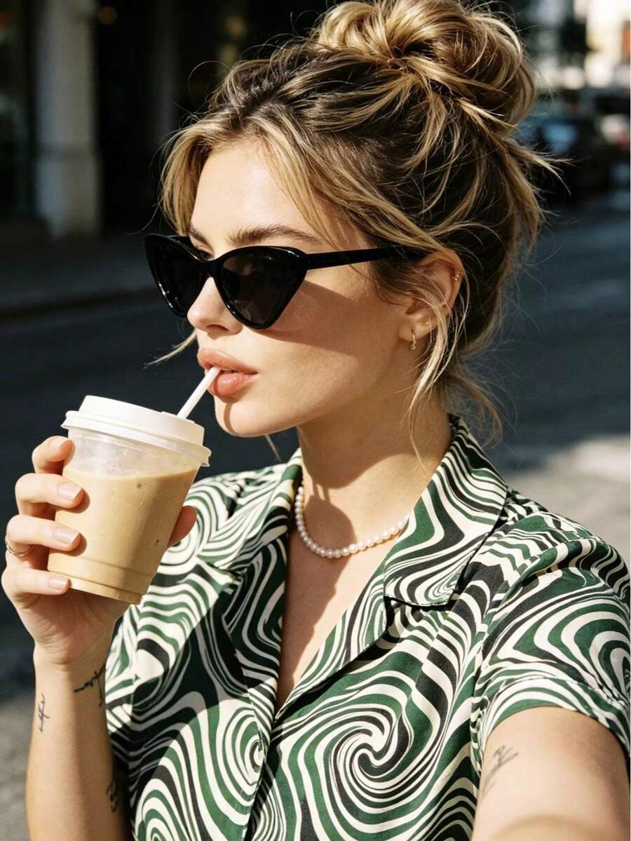 1 pieza Gafas de moda con forma de ojo de gato negro brillante para mujer, marco triangular estrecho vintage, adecuadas para playa de verano, vacaciones, viajes, salidas, uso casual diario - Multicolor - Ver 1