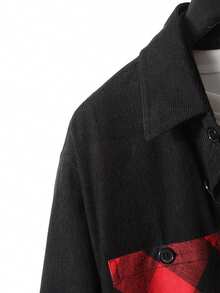 Women's Red And Black Plaid Patchwork Button Front Shirt With Chest Pocket, Long Sleeve Collared Casual Top - Black - View 6