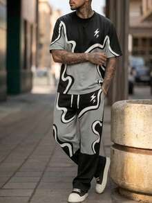 Men's Autumn/Winter Casual Versatile Asymmetrical Wavy Contrast Color Lightning Print Wide Leg Long Pants & Short Sleeve Top Set - Multicolor - View 5