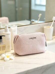 Lancôme LANCOME-GIFT-13 Bolsa de maquillaje con estampado de logotipo en tela de punto gofrado rosa pálido, bolsa de almacenamiento de cosméticos con cremallera completa en forma de almohada de gran capacidad, regalo de belleza de lujo para viajes para mujeres - Blanco - Ver 7