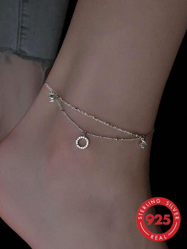 925 Sterling Silver Double Layer Circle Anklet For Women, Light Luxury Versatile Foot Chain