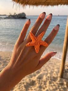 1件海灘度假風拉菲草海星可調節戒指，女款通勤旅行百搭橘色飾品 - 橘色 - 查看 1