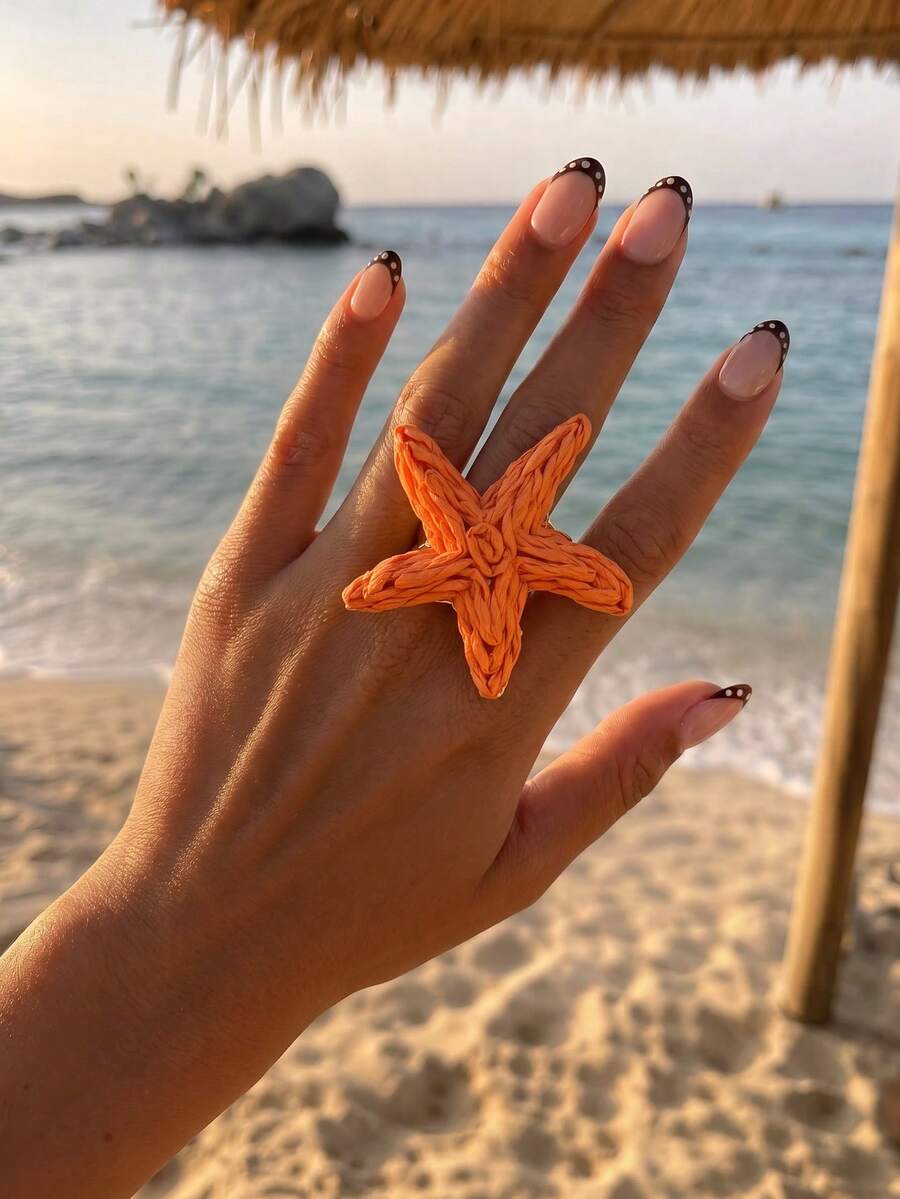 1件海灘度假風拉菲草海星可調節戒指，女款通勤旅行百搭橘色飾品 - 橘色 - 查看 1