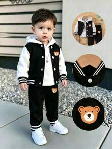 Young Boy Cartoon Print Baseball Collar Warm Sweatshirt And Pants Set - Black - View 1